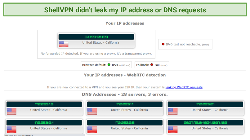 screenshot of ShellVPN's IP and DNS leak test
