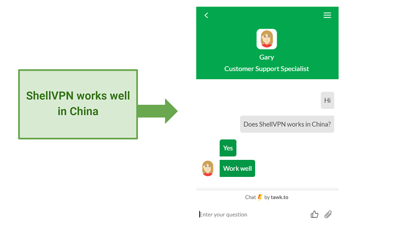 screenshot of ShellVPN's support answer regarding its functionality in China