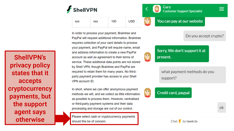 screenshot of ShellVPN's privacy policy and support answer regarding cryptocurrencies