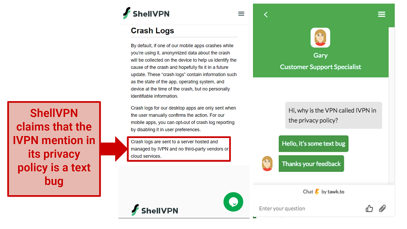 screenshot of ShellVPN's privacy policy and support answer