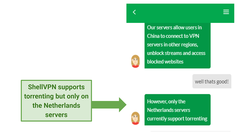 screenshot of ShellVPN's support answer regarding its torrenting capabilities