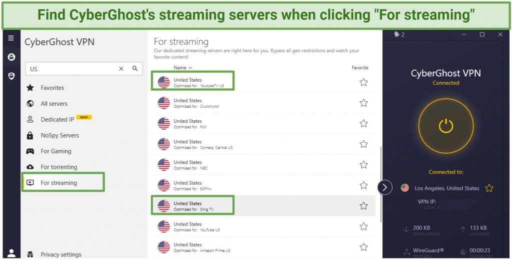 A screenshot of CyberGhost's streaming-optimized YouTube TV and Sling TV server list showing VPN connected to the Sling TV server