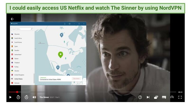 Graphic showing The Sinner streaming on Netflix US with NordVPN