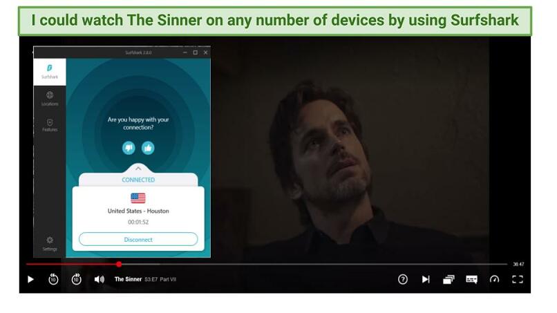 Graphic of The Sinner streaming on Netflix using Surfshark's US servers