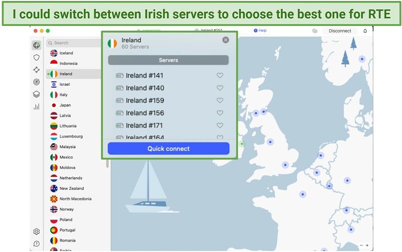 A screenshot showing the large network of servers in Ireland