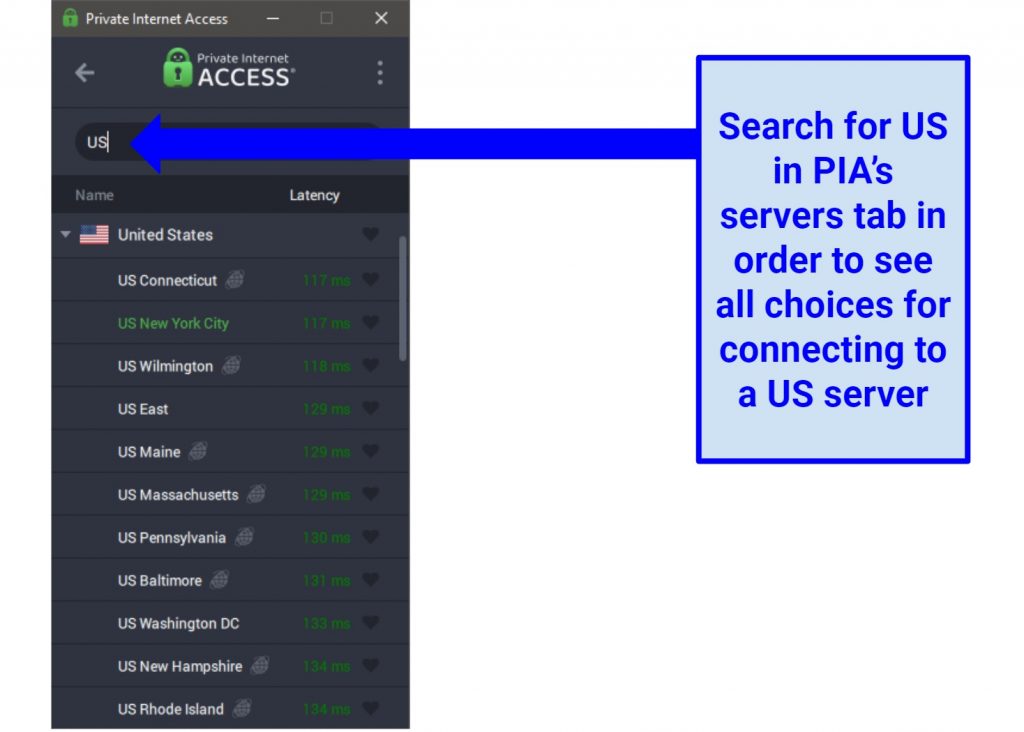 A screenshot of the Private Internet Access list of US servers available