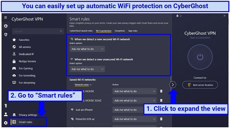 A screenshot of instructions to enable the public WiFi protection feature on CyberGhost