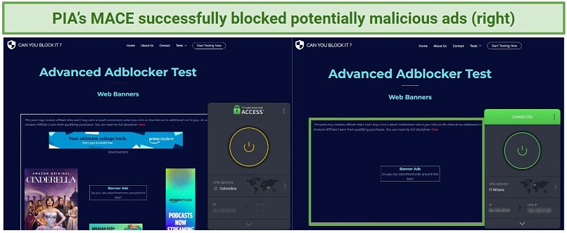 2 screenshots of an advanced ad blocker test results showing how PIA successfully blocked pop up ads