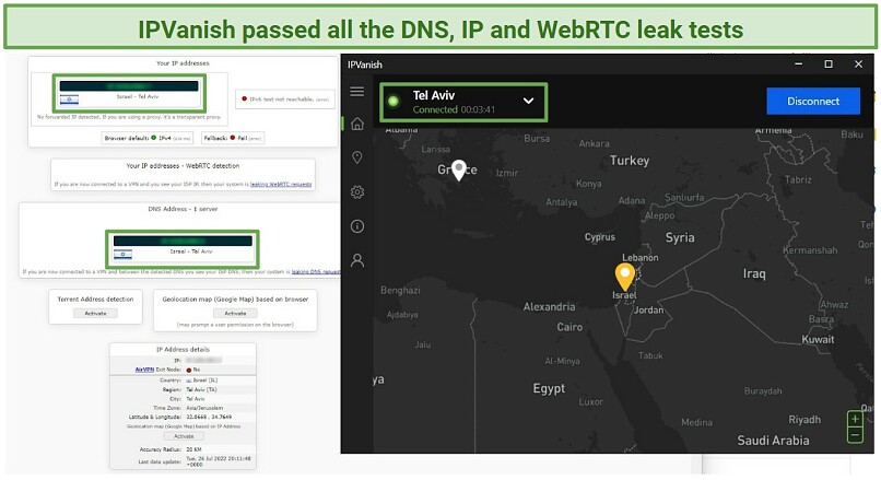 No IP, WebRTC, and DNS leaks were detected on IPVanish' servers in Israel