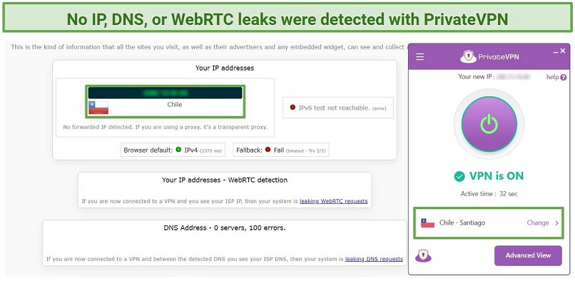 No IP, WebRTC, and DNS leaks were detected on PrivateVPN's servers in Chile