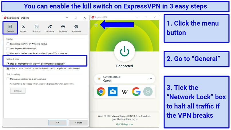 A screenshot of instructions to enable the kill switch feature on ExpressVPN