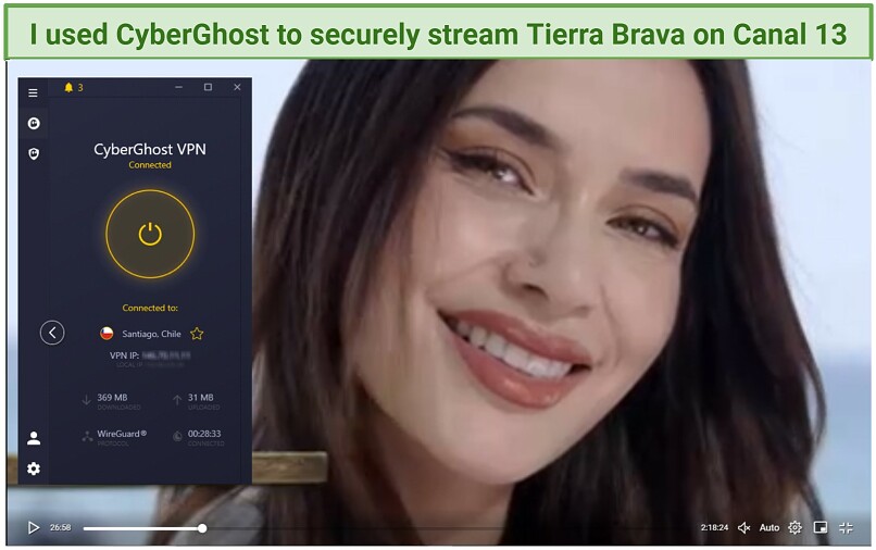 A screenshot of Canal 13 playing with the CyberGhost app open.