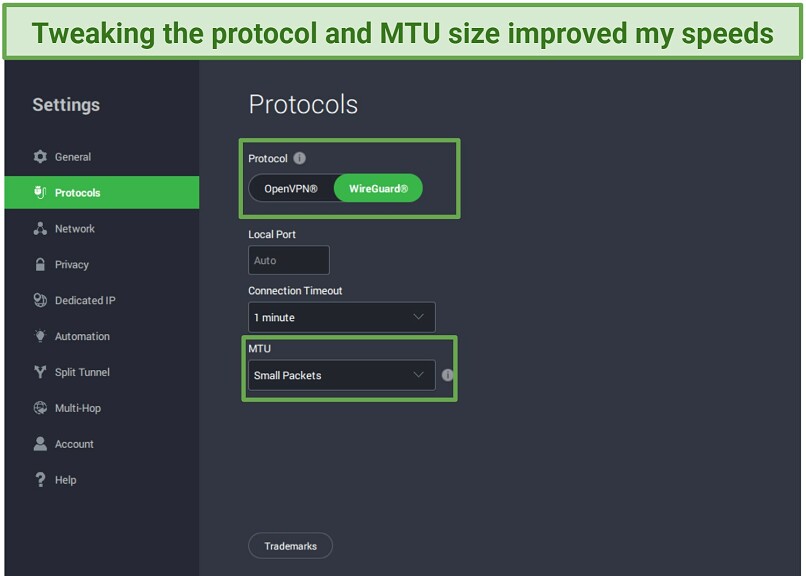 A screenshot showing PIA's protocol settings