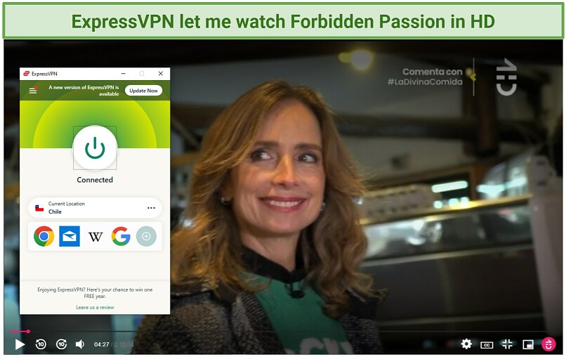 A screenshot of Chilevision playing with the ExpressVPN app open.