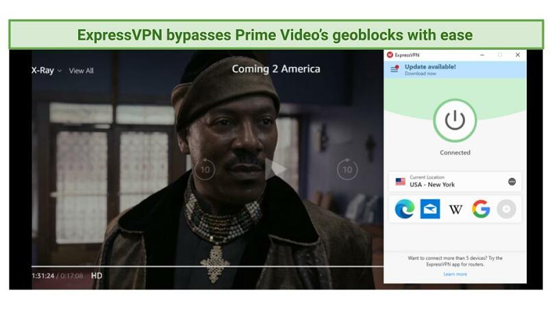 A screenshot of Coming 2 America streaming on Amazon Prime Video using ExpressVPN