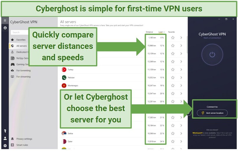 Screenshot showing Cyberghost's easy-to-use app with it's