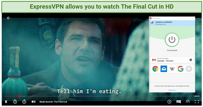screenshot showing Blade Runner: TFC playing on Netflix while connected to NordVPN's Canadian servers