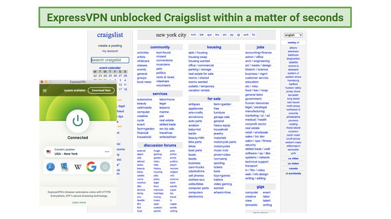 Screenshot showing ExpressVPN unblocking Craigslist