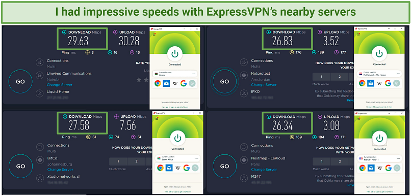 A screenshot showing ExpressVPN delivers fast speeds, even on long-distance servers.