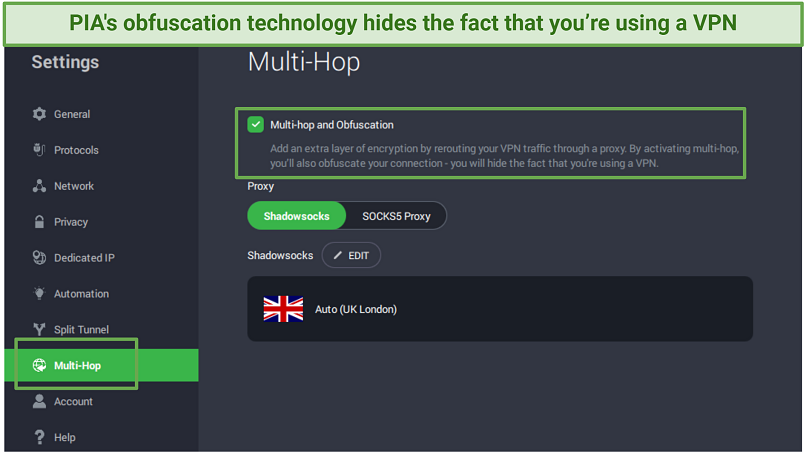 A screenshot of PIA's Multi-Hop feature enabled on its Windows app