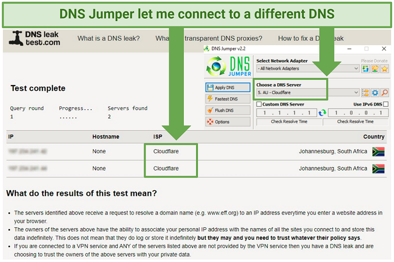 A screenshot showing that you can use a DNS jumper to connect to another DNS