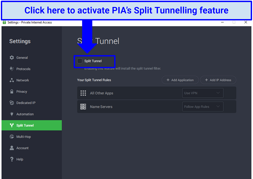 A screenshot showing how to enable PIA's split tunneling feature