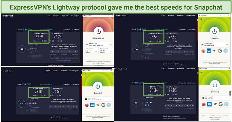 ExpressVPN speed tests results on Ookla showing it's fast enough to ensure Snapchat communications are seamless