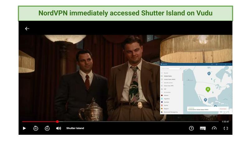 Screenshot of Shutter Island movie being streamed while connected to NordVPN's US server