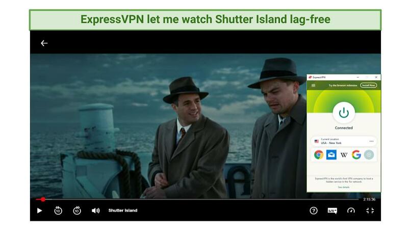 Screenshot showing Shutter Island being watched while connected to ExpressVPN's New York server