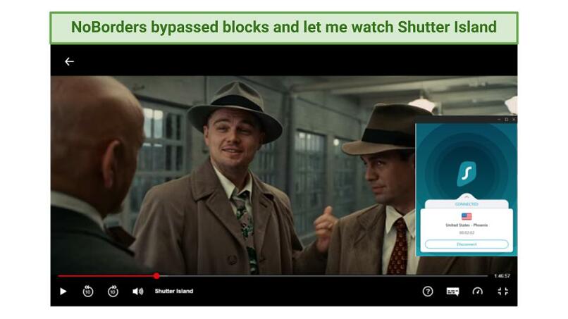 Screenshot showing Shutter Island being watched while connected to Surfshark's Phoenix server