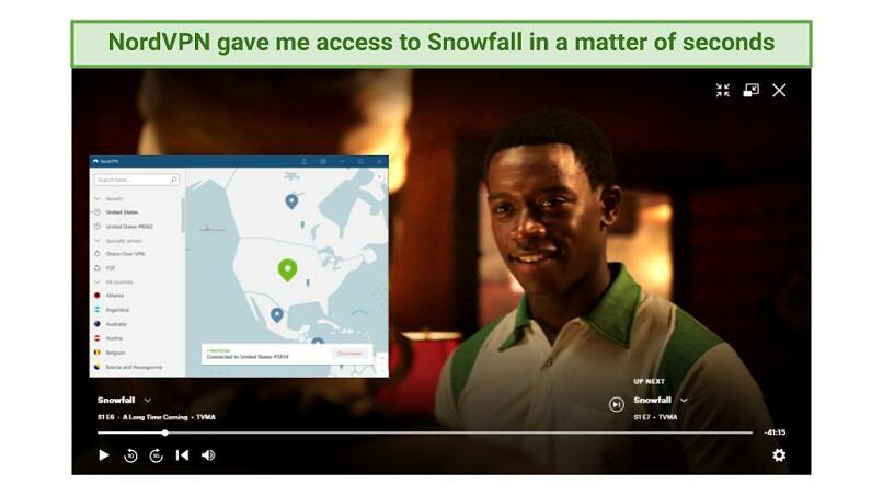 Screenshot showing Snowfall being streamed while connected to one of NordVPN's US server locations