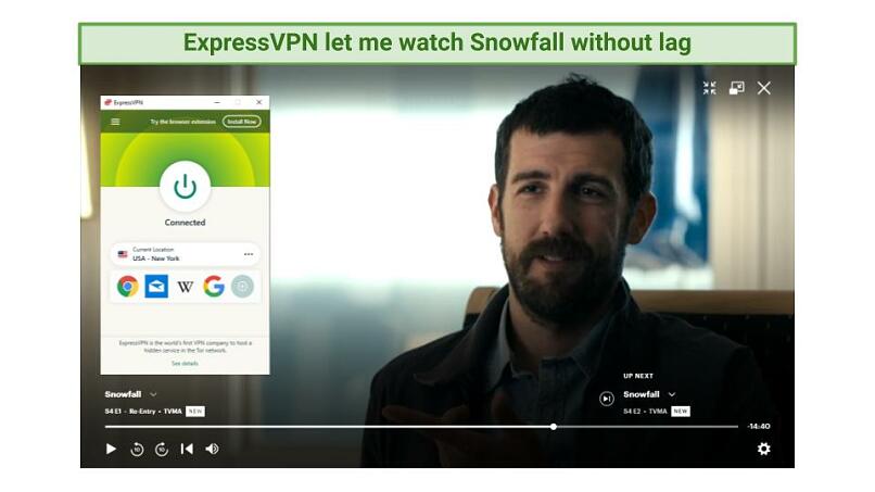 Screenshot showing Snowfall being watched on Hulu while connected to ExpressVPN's New York server