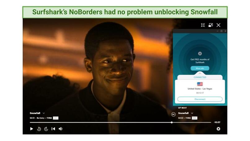 Screenshot showing Snowfall being watched on Hulu while connected to Surfshark's Las Vegas server