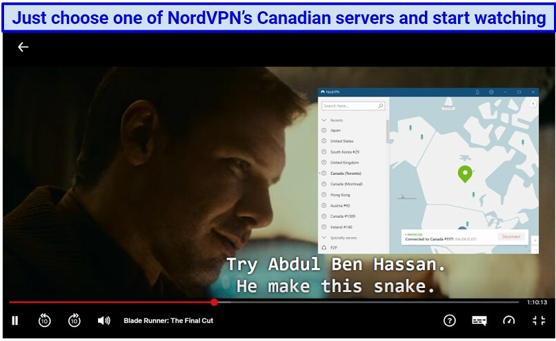 screenshot showing Blade Runner: TFC playing on Netflix while connected to NordVPN's Canadian servers