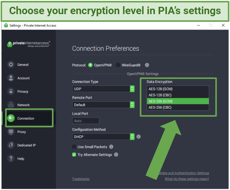 Screenshot showing the ability to select different encryption levels in Private Internet Access's app under