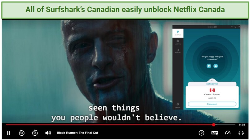 Image of Blade Runner playing on Netflix Canada while Surfshark is connected to one of its Canadian servers.