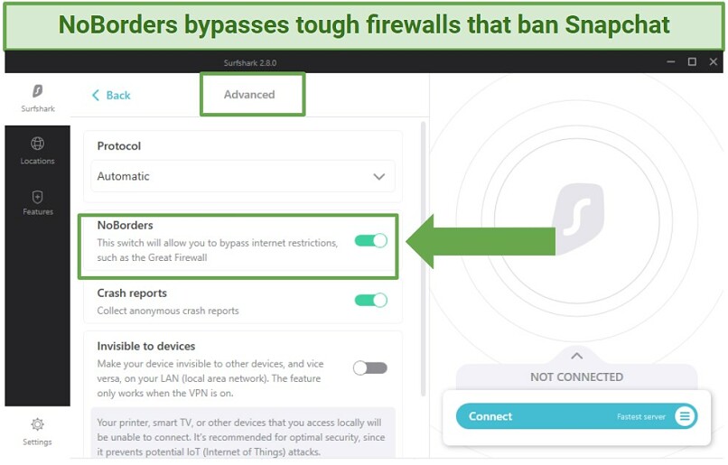 Screenshot showing how to enable NoBorders Mode in Surfshark's app