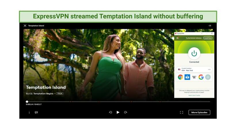 screenshot of Peacock TV playing Temptation Island and ExpressVPN interface