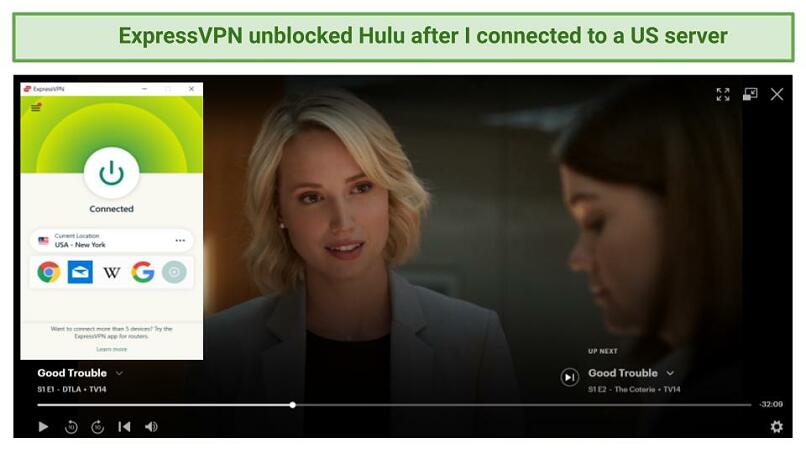 Graphic showing Good Trouble streaming on Hulu using ExpressVPN