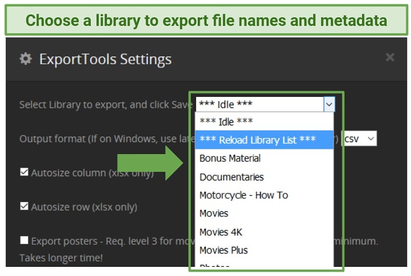 Screenshot showing the ExportTools interface and how to choose a library for exporting