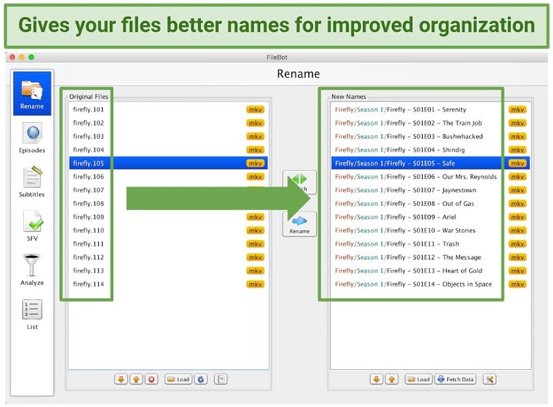 Screenshot showing how the Filebot plugin renames media files