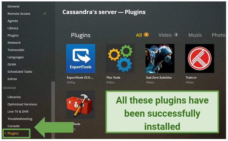 screenshot showing where to click to confirm Plex plugins have been successfully installed