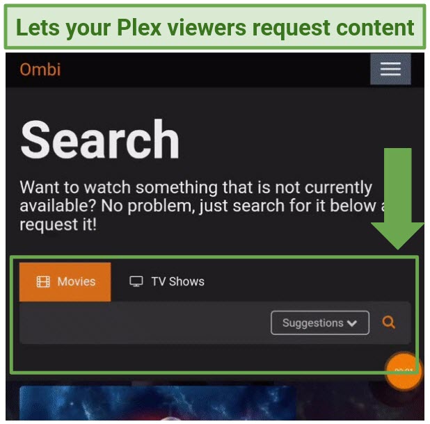 Screenshot showing the Ombi interface where users can request content