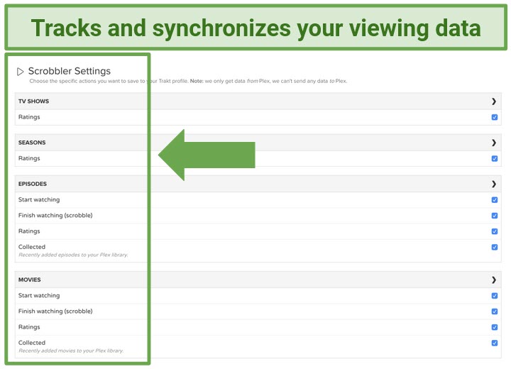 Screenshot of the Trakt.tv interface where you can select what data to track