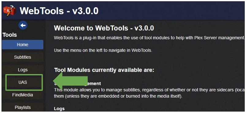 screenshot showing WebTools installed and indicating where to click to access the UAS