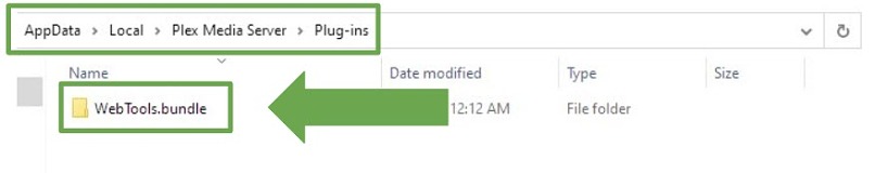 Screenshot showing the WebTools.bundle file added to the Plex plugins folder