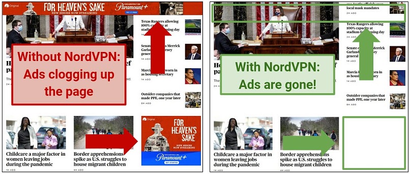 Screenshot demonstrating how NordVPN's CyberSec security suite blocks ads on a news site