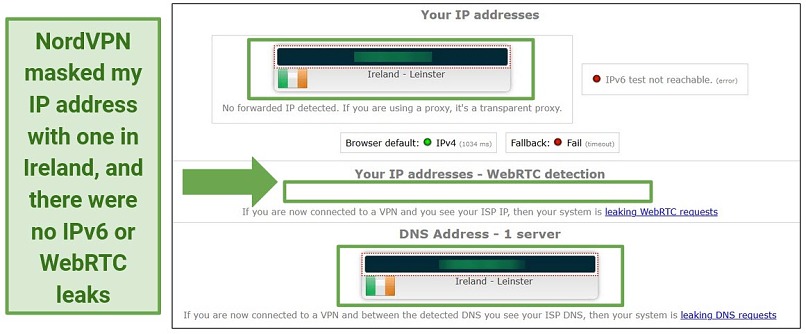 Screenshot showing that NordVPN passed an IP leak test