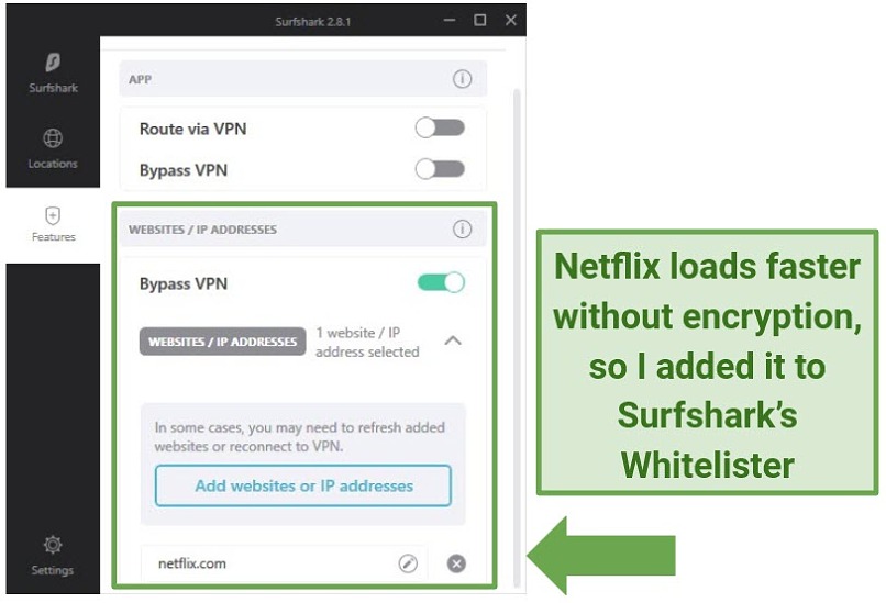 Screenshot showing Netflix added to Surfshark's Whitelister feature