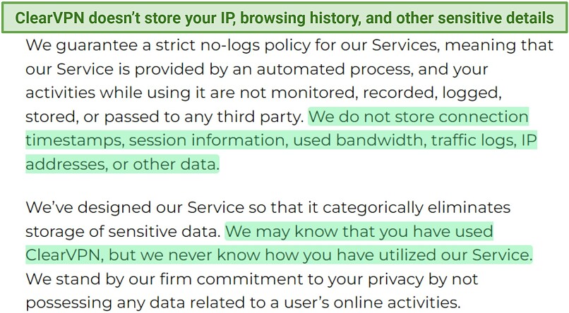 A screenshot showing ClearVPN doesn't log sensitive information like IP address, traffic logs, and bandwidth usage